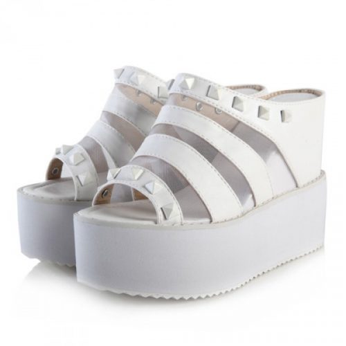 Transparent Mesh and Studs Striped Wedge Slipper White
