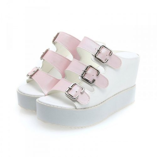 Buckles Wedge Heel Slipper Pink and White