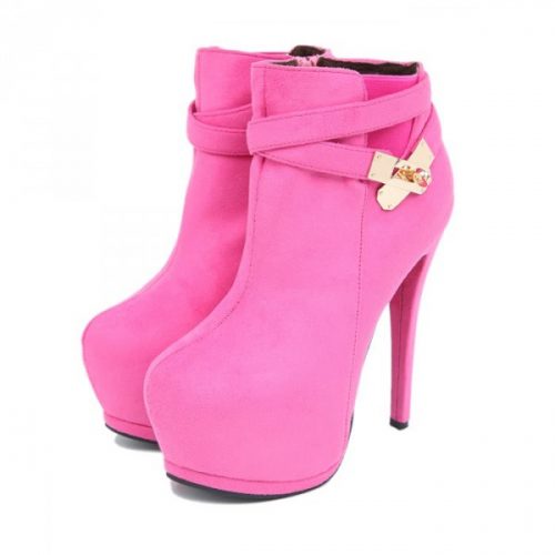 Metal Cross Strap High Heel Short Boots Pink
