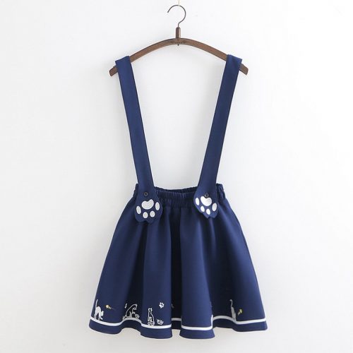 Kawaii Cat Paw Suspender Skirt Blue