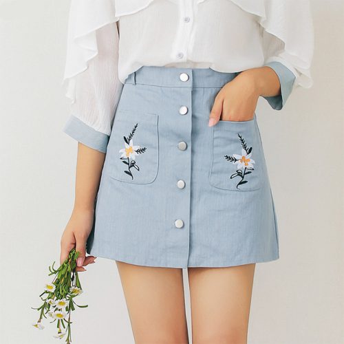 Denim Embroidery Flower Skirt