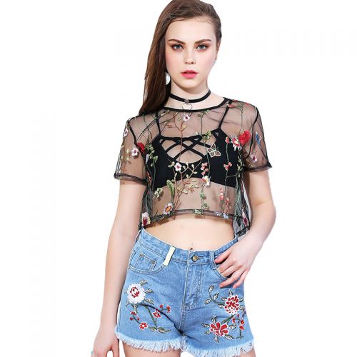 Transparent Floral Embroidery Top