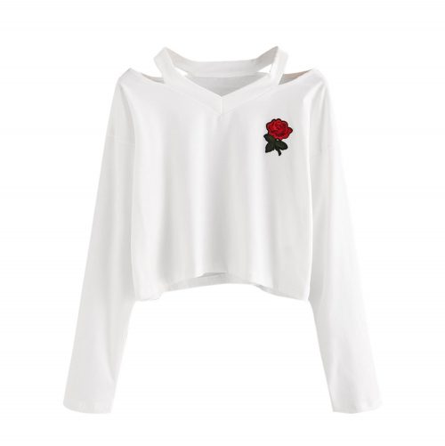 Long Sleeve Sweatshirt Rose Embroidery White