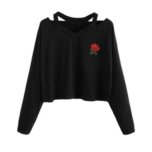 Long Sleeve Sweatshirt Rose Embroidery Black