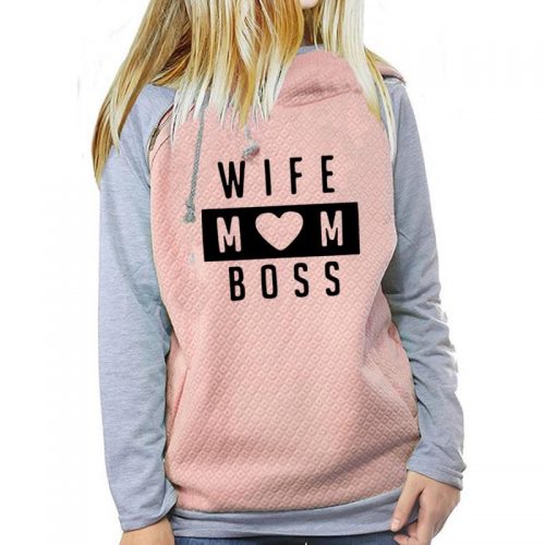 Wife Mom Boss Sweatshirt Pink Grey Zipper