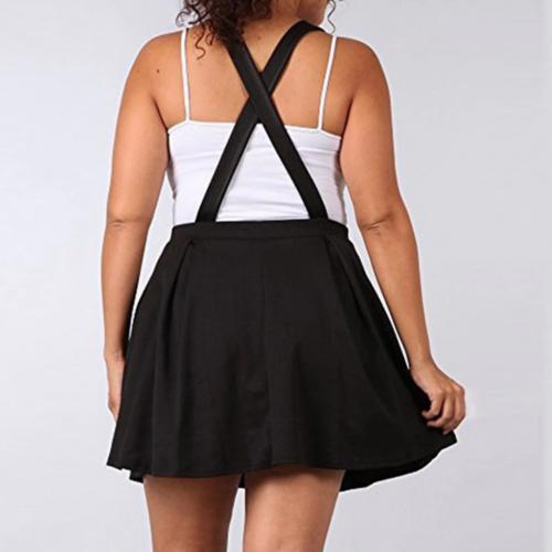 Pleated High Waist Skirt with Straps Black Plus Size