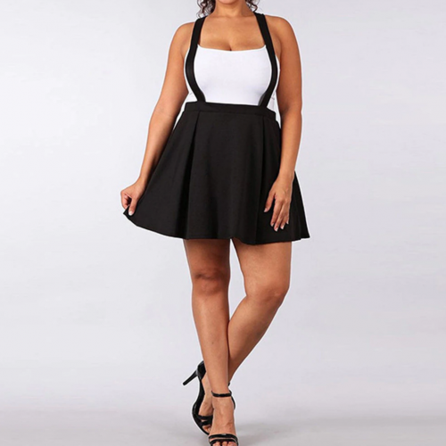 Pleated High Waist Skirt with Straps Black Plus Size